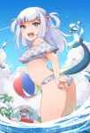  1girl adjusting_clothes adjusting_swimsuit ass ball bangs bare_shoulders beachball bikini bloop_(gawr_gura) blue_eyes blue_hair day english_commentary fish_tail frilled_bikini frills from_side gawr_gura goten_(510gensoku) hair_ornament highres hololive hololive_english in_water looking_at_viewer medium_hair multicolored_hair ocean open_mouth outdoors palm_tree shark_tail sharp_teeth smile solo streaked_hair sunlight swimsuit tail teeth thighs tree two_side_up virtual_youtuber water_drop white_hair 