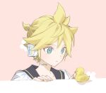  1boy aqua_eyes black_sailor_collar blonde_hair closed_mouth commentary expressionless hand_on_table headphones headset kagamine_len looking_at_object male_focus naoko_(naonocoto) pink_background rubber_duck sailor_collar shirt spiked_hair trait_connection upper_body vocaloid white_shirt yellow_nails 
