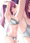  1girl armpits arms_up artist_name blue_eyes bra breasts commentary cowboy_shot grey_bra grey_panties highres kawaii_dake_ja_nai_shikimori-san medium_breasts navel panties parted_lips ponytail profile purple_hair shikimori_(kawaii_dake_ja_nai) solo underwear underwear_only xter zoom_layer 