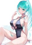  1girl bangs breasts chest_jewel earrings green_eyes green_hair highres jewelry large_breasts long_hair one-piece_swimsuit pneuma_(xenoblade) ponytail risumi_(taka-fallcherryblossom) simple_background solo swept_bangs swimsuit very_long_hair white_background 