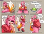  2022 absurd_res amy_rose anthro clothed clothing dialogue digital_media_(artwork) dipstick_tail english_text eulipotyphlan eyelashes female foxynoms half-closed_eyes hedgehog hi_res holding_object looking_at_viewer mammal markings miles_prower narrowed_eyes open_mouth sega simple_background sonic_the_hedgehog_(series) speech_bubble tail_markings text vore 