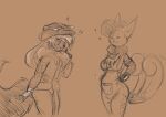  2022 2_tails 5_fingers anthro bethesda_softworks bottomwear caitlyn_(swordfox) clothing cybernetic_arm cybernetic_limb cybernetics dress_shirt duo english_text exclamation_point eyes_closed fallout fallout:_pca felid feline female fingers folded_ears hand_on_back hand_on_stomach hat headgear headwear machine male mammal meme_shirt meowstic milo_(blitzomega) monochrome multi_tail neck_tuft nintendo overalls pants pip-boy pok&eacute;mon pok&eacute;mon_(species) pok&eacute;morph pregnant pregnant_female s-nina shirt simple_background sketch smile text topwear tuft video_games 