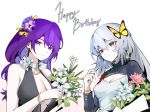  2girls absurdres arknights black_dress bracelet breasts bug butterfly butterfly_on_head cleavage cleavage_cutout clothing_cutout collar dress earrings feather_hair flower genshin_impact grey_eyes grey_hair hair_flower hair_ornament hand_up happy_birthday highres holding holding_flower jewelry khrnnfz large_breasts long_hair looking_at_viewer medium_breasts mulberry_(arknights) multiple_girls pink_flower purple_eyes purple_hair raiden_shogun shirt shrug_(clothing) simple_background smile split_mouth white_background white_collar white_flower white_shirt yellow_butterfly 