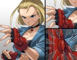  1girl :&lt; absurdres antenna_hair armored_gloves black_choker black_gloves black_sports_bra blonde_hair blue_eyes blue_jacket breasts cammy_white choker cleavage clenched_hand close-up collarbone cropped_jacket emphasis_lines english_commentary fighting_stance fingernails gloves hair_slicked_back highres jacket leather leather_jacket lego medium_breasts midriff nobusuke_iwasaki scar scar_on_cheek scar_on_face serious short_hair single_vambrace sleeves_pushed_up solo sports_bra street_fighter street_fighter_6 the_lego_group vambraces zooming_in 