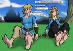  araghen barefoot blonde_hair breath_of_the_wild dialogue duo feet female hair hi_res humanoid humanoid_pointy_ears hylian link male nintendo not_furry outside princess_zelda relaxing soles the_legend_of_zelda toes video_games 