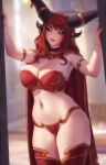  1girl alexstrasza armlet black_choker blurry blurry_background breasts cape choker half-closed_eyes highres horn_ornament horns large_breasts long_eyebrows long_hair looking_away multiple_horns navel parted_lips personal_ami pubic_hair red_cape red_hair smile solo thighhighs warcraft 