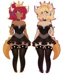  2girls alternate_color armlet artist_name bangs bare_shoulders black_dress black_legwear blonde_hair blue_gemstone blush bowsette breasts brooch brown_eyes cleavage closed_mouth collar collarbone commentary crown dark-skinned_female dark_skin dress earrings english_commentary fang fang_out full_body gem half-closed_eyes hand_on_hip happy highres horns jewelry lizard_tail looking_to_the_side mario_(series) medium_breasts medium_hair mini_crown multiple_girls new_super_mario_bros._u_deluxe outline ponytail red_hair red_outline reptile_girl short_dress sidelocks sideways_mouth signature smile smug spiked_anklet spiked_armlet spiked_collar spiked_shell spikes standing strapless strapless_dress studded_legwear super_crown symmetry tail teranen thighhighs thighs transparent_background white_horns yellow_headwear yellow_outline zettai_ryouiki 