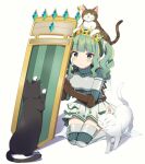 1girl animal_on_head aqua_gemstone armor armored_legwear bangs belt black_cat blunt_bangs blush breastplate brown_belt brown_cat brown_gloves bug butterfly cat closed_eyes crown elbow_gloves frilled_skirt frills fujishiro_emyu futaba_sana gem gloves green_eyes green_gemstone green_hair green_sweater hair_bobbles hair_ornament highres jewelry looking_at_animal magia_record:_mahou_shoujo_madoka_magica_gaiden magical_girl mahou_shoujo_madoka_magica multiple_cats necklace nuzzle on_head ribbed_legwear ribbed_sweater scratching shield sidelocks simple_background sitting skirt smile solo sweater thighhighs turtleneck turtleneck_sweater twintails veil wariza wavy_hair white_background white_cat white_skirt yellow_butterfly zettai_ryouiki 