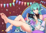  1girl couch efreezerarts eyes_visible_through_hair feet finana_ryugu fins fish_girl green_eyes grin hair_bun happy_birthday head_fins highres japanese_clothes kimono looking_at_viewer nail nijisanji nijisanji_en nintendo_switch no_shoes purple_eyes ryuguard_(finana_ryugu) smile soles stuffed_toy tiara toes virtual_youtuber 