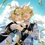  1boy 1girl aqua_eyes bangs bass_clef black_necktie black_ribbon black_sash blonde_hair bloom blurry chi_ya closed_eyes cloud depth_of_field gloves highres hug kagamine_len kagamine_rin looking_at_viewer looking_to_the_side neck_ribbon necktie open_mouth outdoors outstretched_arms ribbon sash shirt short_hair short_sleeves sky smile streamers swept_bangs treble_clef upper_body vocaloid white_gloves white_shirt 