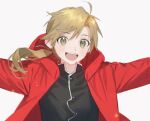  1boy :d ahoge alphonse_elric black_shirt blonde_hair braid commentary fullmetal_alchemist grey_background happy hood hooded_jacket jacket long_hair looking_at_viewer male_focus naoko_(naonocoto) open_mouth outstretched_arms red_jacket shirt smile solo symbol-only_commentary upper_body yellow_eyes 