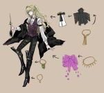  1boy black_footwear black_pants blue_eyes boots character_sheet fate/grand_order fate_(series) green_eyes jewelry long_hair long_sleeves looking_at_viewer male_focus necklace official_art pants pfalz ponytail smile thigh_boots wolfgang_amadeus_mozart_(fate) 