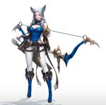  1girl absurdres animal_ears arrow_(projectile) bare_shoulders belt belt_collar blue_eyes blue_footwear blue_leotard boots bow breasts bridal_gauntlets brown_belt cleavage cleavage_cutout clothing_cutout collar daeho_cha full_body grey_hair high_heel_boots high_heels highres holding holding_arrow holding_weapon knee_boots leotard long_hair looking_at_viewer medium_breasts oceans&amp;empires official_art open_mouth pants quiver red_lips shadow signature smile solo standing teeth thigh_belt thigh_strap vambraces weapon white_pants 