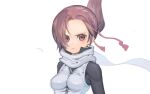  1girl closed_mouth commentary_request face highres kemurikusa looking_at_viewer pink_hair red_eyes rin_(kemurikusa) scarf solo tanakalma upper_body white_scarf wind wind_lift 