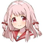  1girl bangs blush cropped_shoulders dot_nose eyes_visible_through_hair kamihama_university_affiliated_school_uniform looking_at_viewer magia_record:_mahou_shoujo_madoka_magica_gaiden mahou_shoujo_madoka_magica medium_hair multi-tied_hair pink_eyes pink_hair red_sailor_collar ruru_(rurumagi) sailor_collar school_uniform sidelocks simple_background smile solo swept_bangs tamaki_ui white_background 