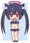  1girl animal_ear_fluff animal_ears arms_behind_back bangs bare_shoulders bikini black_bikini black_footwear black_hair blue_archive blue_background blue_ribbon blush cat_ears chibi collarbone empty_eyes full_body groin hair_between_eyes hair_ribbon halo hana_kazari highres long_hair looking_at_viewer navel off-shoulder_bikini off_shoulder open_mouth purple_eyes ribbon sandals serika_(blue_archive) solo standing swimsuit twintails two-tone_background very_long_hair wavy_mouth white_background 