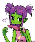  5_fingers alien alien_humanoid bone clothing female fingers food food_in_mouth green_body green_skin hair humanoid humanoid_pointy_ears lola_(vkontakte) pink_clothing pink_shirt pink_tank_top pink_topwear purple_hair shirt sladkiy_vkid solo tank_top tentacles topwear 