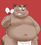  2022 anthro asian_clothing belly big_belly black_nose blush bodily_fluids canid canine clothing east_asian_clothing eyes_closed fundoshi humanoid_hands japanese_clothing kemono male mammal moobs navel nipples overweight overweight_male red_background simple_background solo sweat toshi_(artist) underwear white_clothing white_fundoshi white_underwear 