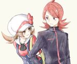  1boy 1girl asuka_rkgk bag blush bow brown_hair cabbie_hat collarbone hair_bow hand_on_hip hat long_sleeves looking_at_another lyra_(pokemon) overalls pokemon pokemon_(game) pokemon_hgss red_hair silver_(pokemon) simple_background smile twintails upper_body 