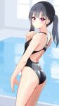  1girl ass black_hair black_swimsuit commentary_request competition_swimsuit cowboy_shot from_behind haoriya_chie_(minidraco) highres long_hair looking_at_viewer minidraco one-piece_swimsuit original pool red_eyes solo standing swimsuit twintails window 
