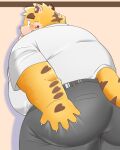  2022 absurd_res anthro belly big_belly big_butt blush bottomwear butt clothing felid hi_res humanoid_hands kemono male mammal overweight overweight_male pantherine pants puss3250 shirt solo tiger topwear 
