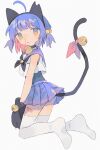  1girl ahoge animal_ears animal_hands bandaid bandaid_on_leg bangs bare_arms bell black_collar black_gloves black_hairband black_neckerchief blood blue_hair blue_sailor_collar blue_skirt cat_ears cat_girl cat_paws cat_tail collar daizu_(melon-lemon) fake_animal_ears from_behind from_side full_body gloves grey_swimsuit hair_ornament hairband jingle_bell kneeling looking_at_viewer looking_back medium_hair miniskirt neck_bell neckerchief no_shoes nosebleed one-piece_swimsuit original parted_lips paw_gloves pleated_skirt ribbon sailor_collar sailor_shirt school_uniform serafuku shirt simple_background skirt sleeveless sleeveless_shirt solo star_(symbol) star_hair_ornament sweat swimsuit swimsuit_under_clothes tail tail_bell tail_ornament tail_raised tail_ribbon thighhighs two_side_up white_background white_legwear white_shirt yellow_eyes 