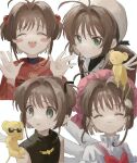  4girls backpack bag blush_stickers brown_bag brown_hair cardcaptor_sakura closed_eyes green_eyes kero kinomoto_sakura kumagai_yuka magical_girl multiple_girls school_uniform simple_background smile sunglasses tomoeda_elementary_school_uniform variations white_headwear 