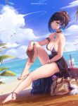  1girl bare_legs barefoot bikini black_choker blue_bikini blue_hair blush bracelet braid breasts choker cleavage ear_piercing full_body genshin_impact green_eyes holding jewelry large_breasts looking_at_viewer mitsu_(mitsu_art) parted_lips piercing sandals sandals_removed sitting solo swimsuit yelan_(genshin_impact) 