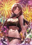  1girl ;d absurdres bikini black_choker black_hair breasts choker cleavage firework_background fireworks foreshortening groin highres idolmaster idolmaster_shiny_colors large_breasts long_hair looking_at_viewer navel one_eye_closed print_bikini shirase_sakuya smile solo splashing straight_hair swimsuit tonguewasabi very_long_hair wading water_drop wet wet_hair 