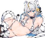  1girl ahoge animal_ears animal_print bikini blue_eyes blue_hair breasts breasts_apart collarbone detached_collar detached_sleeves fang fingernails hair_ornament hand_on_own_thigh highres inu_(puputizy) long_hair looking_at_viewer lying medium_breasts multicolored_hair navel on_side open_mouth original print_bikini print_legwear print_sleeves simple_background solo stole streaked_hair sweatdrop swimsuit thighhighs thighs tiger_ears tiger_print two-tone_hair white_background white_hair white_tiger_print 