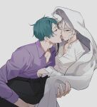  2boys absurdres adam&#039;s_apple ahoge azul_ashengrotto bangs black_hair black_pants blanket blue_eyes blue_hair brown_eyes carrying collared_shirt crying crying_with_eyes_open dress_shirt eyelashes face-to-face grey_background grey_hair half-closed_eyes highres hyakutennnn jade_leech leaning_forward licking licking_another&#039;s_face licking_another&#039;s_lips licking_tears long_sleeves looking_at_another looking_away male_focus multicolored_hair multiple_boys open_mouth pants princess_carry profile purple_shirt shirt short_hair sidelocks simple_background streaked_hair tears tongue tongue_out twisted_wonderland veil white_shirt yaoi 