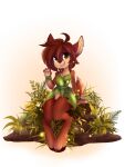  1girl absurdres ahoge animal_ears animal_feet animal_nose arm_at_side artist_name bangs bare_shoulders barefoot body_fur brown_fur brown_hair collarbone commentary deer_ears deer_girl deer_tail dress elora_(spyro) english_commentary fangs flat_chest full_body furry furry_female gradient gradient_background grass green_dress green_eyes hand_up happy highres hooves notched_ear open_mouth raised_eyebrow short_dress short_hair sidelocks simple_background sitting smile solo spyro_(series) strapless strapless_dress tail teeth teranen thick_thighs thighs tongue two-tone_fur watermark waving wide_hips wristband 