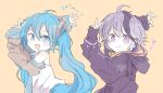  2girls :&gt; :d ahoge arm_up bare_shoulders black_sleeves blue_eyes blue_hair blue_necktie chibi commentary detached_sleeves flower_(vocaloid) flower_(vocaloid4) from_side goodbye_sengen_(vocaloid) hair_ornament hatsune_miku highres hood hooded_jacket jacket long_hair looking_at_viewer multicolored_hair multiple_girls necktie ok_sign open_mouth purple_eyes purple_hair purple_jacket shirt short_hair sketch sleeveless sleeveless_shirt sleeves_past_wrists smile standing streaked_hair twintails upper_body v v-shaped_eyebrows very_long_hair vocaloid white_shirt xxxx_saki yellow_background 
