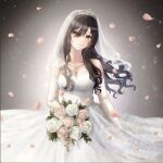  1girl black_hair blush bouquet breasts bridal_gauntlets bridal_veil bride cleavage collarbone dress earrings falling_petals gloves grace_092588 hair_between_eyes head_tilt highres holding holding_bouquet idolmaster idolmaster_shiny_colors jewelry lace-trimmed_dress lace-trimmed_gloves lace-trimmed_veil lace_trim large_breasts light_particles long_hair necklace petals rose_petals shirase_sakuya smile solo tiara veil wavy_hair wedding_dress white_dress white_gloves 