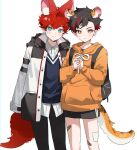  2boys :&lt; absurdres animal_ear_fluff animal_ears aqua_eyes backpack bag bandaid bandaid_on_knee bandaid_on_leg bangs black_hair black_pants black_shorts child collared_shirt copyright_request drawstring dress_shirt feet_out_of_frame fox_boy fox_ears fox_tail hands_up highres hood hood_down hoodie jacket long_sleeves male_child male_focus monza_(saeumon) multicolored_hair multiple_boys orange_eyes own_hands_together pants red_hair shirt shorts sleeves_past_fingers sleeves_past_wrists smile standing streaked_hair sweater_vest tail tiger_boy tiger_ears tiger_tail untucked_shirt white_shirt 