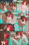  bikini blush brown_hair camel_toe clothed clothing comic dan_(fuf) dialogue duo english_text female fuf hair hi_res human human_only kissing kyra_(fuf) male male/female mammal midriff navel night not_furry outside partially_submerged red_hair swimwear text 