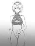  1girl adapted_costume arm_at_side bob_cut breasts cleavage cleavage_cutout clothing_cutout collarbone commentary_request groin hair_between_eyes hairband hand_under_clothes looking_at_viewer mole mole_under_eye monochrome nier_(series) nier_automata one-piece_swimsuit parted_lips sami_(3a3i3a3i) short_hair simple_background solo swimsuit wet wet_hair yorha_no._2_type_b 