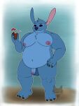  4_fingers alien anthro balls belly biceps big_belly blue_body blue_fur blue_nose digital_media_(artwork) disney drinking fayrofire feet fingers fur genitals hair hi_res lilo_and_stitch male muscular muscular_anthro muscular_male nipples nude overweight overweight_anthro overweight_male pecs penis simple_background smile solo stitch_(lilo_and_stitch) 