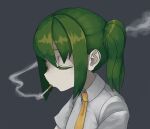  1girl bangs cigarette closed_eyes collared_shirt colored_skin commentary_request cookie_(touhou) daiyousei diyusi_(cookie) flat_chest green_hair grey_background necktie open_mouth shirt side_ponytail simple_background smoking solo surauta touhou upper_body white_shirt white_skin yellow_necktie 
