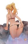  1girl absurdres ass ass_focus bent_over bikini blonde_hair blush breasts fate/apocrypha fate/grand_order fate_(series) green_eyes hair_ornament hair_scrunchie hand_on_own_ass highres kiritzugu long_hair looking_at_viewer looking_back mordred_(fate) mordred_(fate/apocrypha) onsen partially_visible_vulva ponytail raised_eyebrows rubber_duck scrunchie side-tie_bikini sidelocks solo swimsuit thighs wading water 