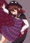  1girl :d black_headwear bolo_tie brown_eyes brown_hair cape fedora grey_background hat highres kakone long_sleeves looking_at_viewer low_twintails one-hour_drawing_challenge open_mouth plaid plaid_skirt plaid_vest purple_skirt purple_vest red-framed_eyewear runes semi-rimless_eyewear short_hair simple_background skirt smile solo touhou twintails under-rim_eyewear usami_sumireko vest 