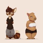  2022 absurd_res anthro blush brown_body brown_fur capybara caviid clothed clothing digital_media_(artwork) duo female fully_clothed fur hi_res louart male mammal midriff rodent signature simple_background siroc_(character) smile viverrid 