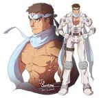  1boy bare_pectorals belt brown_belt brown_eyes brown_hair character_name closed_mouth cyberbots dated elbow_pads frown gloves hands_on_hips headband knee_pads leg_belt male_focus multiple_views muscular muscular_male navel nipples o-ring osanpogakari pectorals pouch saotome_jin scarf simple_background spikes standing thigh_strap topless_male white_background white_gloves white_headband white_scarf 