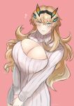  1girl alternate_costume blonde_hair breasts cleavage_cutout clothing_cutout fairy_knight_gawain_(fate) fate/grand_order fate_(series) gradient_eyes green_eyes highres large_breasts long_hair multicolored_eyes orange_eyes pink_background simple_background sone_ama sweater 