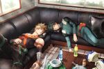  2boys absurdres bakugou_katsuki bare_shoulders belt black_bodysuit blonde_hair bodysuit boku_no_hero_academia bottle can closed_eyes commentary_request day freckles gloves gloves_removed green_bodysuit green_eyes green_hair hand_on_own_stomach highres indoors knee_up lying male_focus midoriya_izuku multiple_boys on_back on_side parted_lips pectorals pillow red_eyes shadow short_hair sleeping spiked_hair table ushi3_moo window 