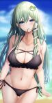  .me 1girl absurdres ass_visible_through_thighs bangs beach bikini black_bikini blue_eyes blue_sky blurry blurry_background blush breasts cleavage closed_mouth cloud collarbone day frog_hair_ornament green_hair hair_between_eyes hair_in_mouth hair_ornament hair_tubes halterneck highres kochiya_sanae large_breasts long_hair looking_to_the_side midriff navel ocean outdoors sand side-tie_bikini simple_background single_sidelock sky snake_hair_ornament solo string_bikini swimsuit touhou wet white_background 