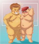  2022 anthro belly big_belly blush brown_body brown_fur clothing disco_bear_(htf) duo eyes_closed fur happy_tree_friends hat headgear headwear hi_res humanoid_hands male male/male mammal moobs mrtuminator navel nipples obese obese_male overweight overweight_male pop_(htf) ursid 