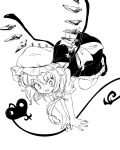  1girl bow crystal fang flandre_scarlet hat laevatein_(tail) laevatein_(touhou) maguro_(mawaru_sushi) medium_hair mob_cap monochrome one_side_up shoes skirt skirt_set smile solo tail touhou vampire white_bow white_headwear wings 
