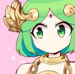  1girl alternate_hairstyle bare_shoulders dot_nose eyelashes forehead_jewel green_eyes green_hair hair_ornament highres jewelry kid_icarus kid_icarus_uprising necklace palutena pink_background short_hair sparkle twitter_username upper_body yu_makoto_(yu_uma) 