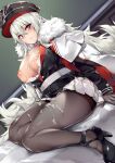  1girl azur_lane black_footwear black_headwear black_legwear blush breasts breasts_out coat commentary_request cover cover_page cross cum cum_on_body cum_on_breasts cum_on_clothes dutch_angle full_body fur_trim graf_zeppelin_(azur_lane) hair_between_eyes hat high_heels highres iron_cross lace large_breasts legs_together long_hair long_sleeves looking_at_viewer military_hat miniskirt naha78 nipples pantyhose purple_eyes sitting skirt solo sweatdrop white_hair 